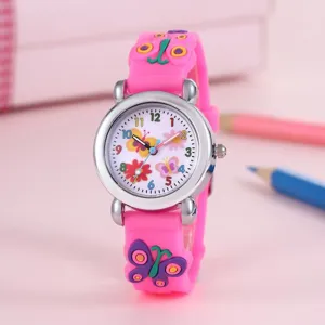 Orologio al quarzo in silicone rosa per bambini con cinturino a farfalla 3D e quadrante.