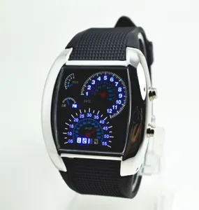 Detailansicht der Herren Luftfahrt LED elektronischen Uhr mit kreativem Tacho Zifferblatt.