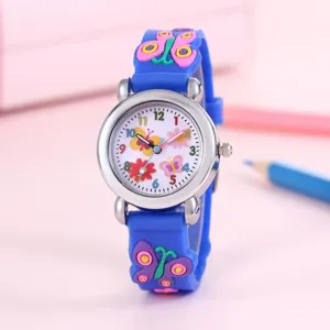 Dettagli in primo piano dell'orologio al quarzo per bambini con cinturino a farfalla 3D.