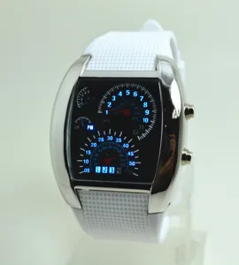 Männer Luftfahrt LED Uhr Detail, kreatives Dashboard-Display, weißes Silikonarmband, cool.