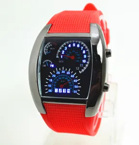 Luftfahrt Dashboard LED Elektronikuhr Detail mit rotem Silikonarmband fuer Herren.