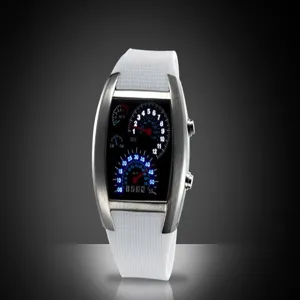 Einzigartige kreative LED-Uhr mit Armaturenbrett-Zifferblatt und weißem Silikonarmband.