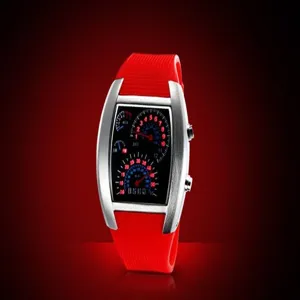 Rotes Silikonarmband Luftfahrt LED Elektronikuhr mit futuristischem Tachometer-Display.