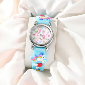 Simpatica orologio al quarzo da bambini unicorno 3D con cinturino in silicone blu.