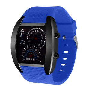 Herren LED Elektronikuhr mit einzigartigem Armaturenbrett Zifferblatt und blauem Silikonarmband.
