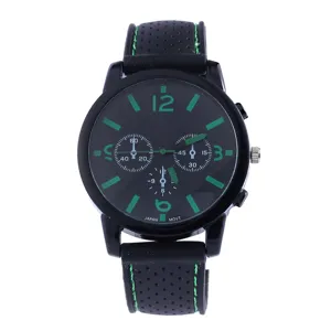 Herren Quarzuhr Sportuhr mit schwarzem Zifferblatt, grünen Ziffern und perforiertem Armband.