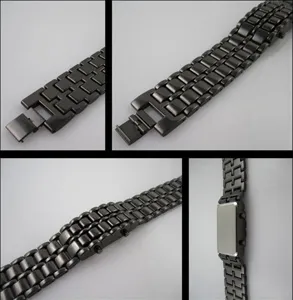 Schwarzes Metall Uhrenarmband Detailansicht mit robuster Struktur und sicherem Verschluss.