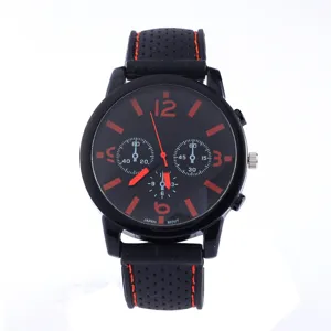 Herren Quarz Sportuhr mit schwarzem Zifferblatt roten Markierungen und Silikonarmband.