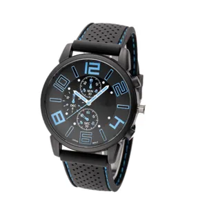Herren Sport Quarz Uhr Detail, schwarzes Silikonarmband, blaues Chronograph Zifferblatt.