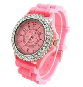 Rosa Silikonarmband Quarzarmbanduhr mit glitzerndem Strassstein Lünette für Damen