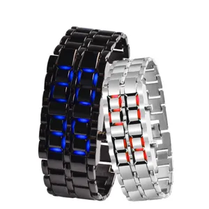 Futuristische LED Metall Armbanduhr für Paare mit Edelstahlarmband und digitaler Anzeige.