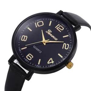 Klassische Damenuhr mit schwarzem Lederarmband, elegantem Zifferblatt und goldenen Akzenten.