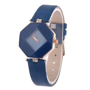 Damen blaue Lederarmband Uhr achteckige geometrische Facette Glas Quarz Armbanduhr Mode