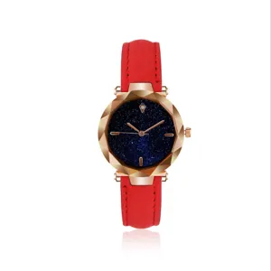 Damen Quarzuhr Sternenhimmel Zifferblatt rotes Lederarmband elegante modische Armbanduhr