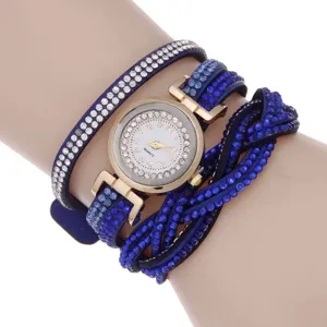 Damen Mode Strass Wickel Armbanduhr Quarz kleine Zifferblatt Uhr funkelnd blaues Armband