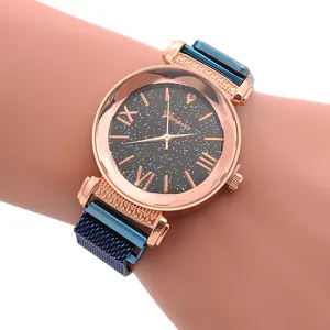 Orologio donna oro rosa cielo stellato con cinturino magnetico maglia blu elegante chic