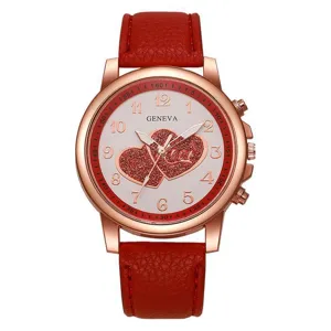 Damen Mode Quarzuhr rotes Lederarmband Roségold Gehäuse süßes Herz Zifferblatt Hauptbild