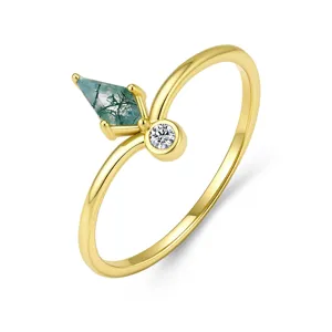 S925 sterling silver moss agate ring for women, luxury kite green gemstone dainty stacking ring.
