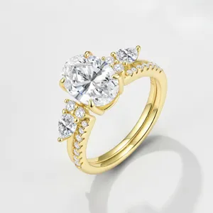 Ensemble de Bagues en Argent Sterling 925 Moissanite pour Femmes GRA D Couleur Taille Ovale Moissanite Bague Luxe Plaqué Or Bague Géométrique Bijoux Cadeau