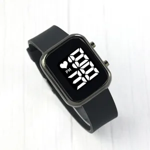 Details of the black square LED digital electronic watch with comfortable silicone strap.