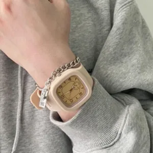 Quadratische Silikon Quarzuhr mit Kettenarmband Mode Freizeit Armbanduhr fur Damen