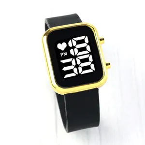 LED digital electronic watch for teens, stylish square gold case with black strap detail