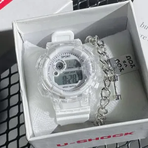 Damen Sport Digitaluhr Gletscherweiß Transparent Schüler Armbanduhr Passendes Armband Geschenkset Leuchtende Chronographenuhr