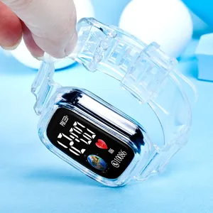 Transparent student digital watch with clear jelly band and electronic square screen display.