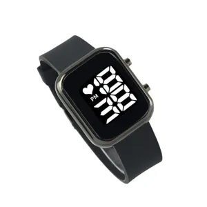 Black square digital watch for men and teens with sleek silicone strap and LED display screen.