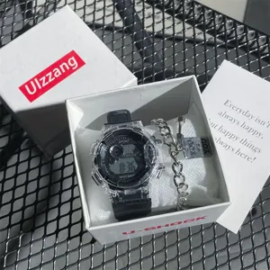 Transparente Sport Digitaluhr Set für Schüler mit Kettenarmband und schöner Geschenkbox.