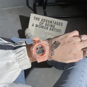 Transparente rosa Sport Elektronikuhr für Schüler, stilvolle durchsichtige digitale Armbanduhr.