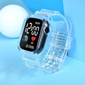Transparent digital watch with square display resin strap minimalist student sports style