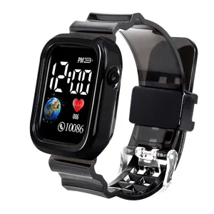 Transparent square electronic watch with black strap, digital glowing screen, casual student style.