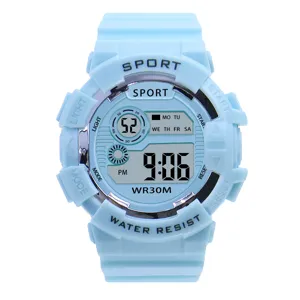 Montre de sport numerique bleu clair pour etudiants, elegante montre etanche mode.
