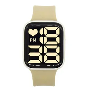 Quadratische LED Digitaluhr mit beigem Silikonarmband, lässige elektronische Armbanduhr.