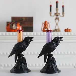 Halloween Rabe Totenkopf Kerzenhalter mit LED elektronischer Kerze gruselige Party Deko