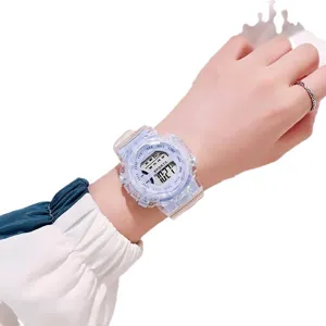Transparent strap digital sports watch for students, waterproof electronic wrist watch.