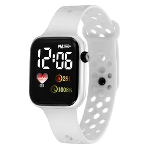 White digital sports watch with breathable silicone strap and clear LED screen display.