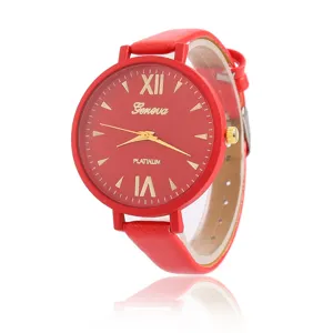 Rotes Zifferblatt Damenuhr Quarz mit römischen Ziffern und modischem Lederarmband Detail