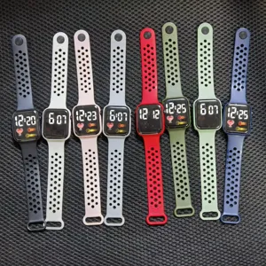 Colorful LED digital watch set with breathable silicone strap, detailed product view.