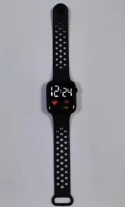 Black square LED digital watch with breathable perforated sport silicone strap, modern style.