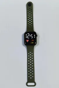 Olive green silicone smartwatch strap detail, square LED screen display with sports data tracking.