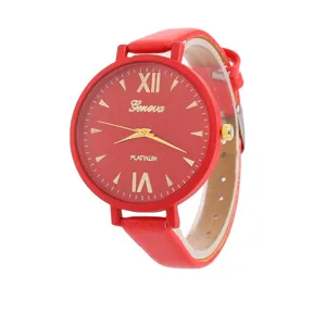 Rote Damenquarzuhr mit Lederarmband, römischen Ziffern und auffälligem roten Zifferblattdesign.