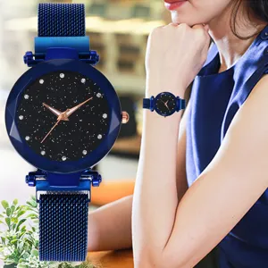 Damen Sternenhimmel Quarzuhr mit Magnetischem Mesh Armband Blaue Mode Armbanduhr