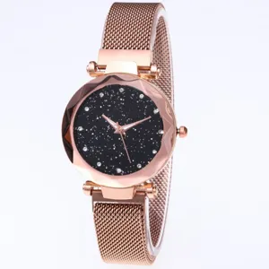 Roségold magnetisches Mesh Armband Sternenhimmel Damen Quarzuhr mit Glitzer Zifferblatt.