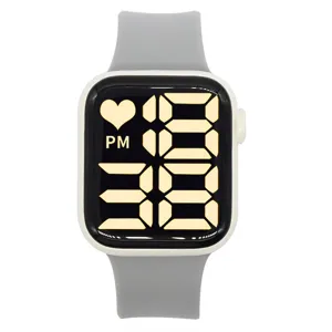 Minimalistische elektronische Digitaluhr mit quadratischem Gehaeuse und grauem Silikonarmband