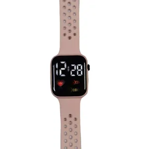 Pink square LED electronic digital watch with breathable sport strap main product view.
