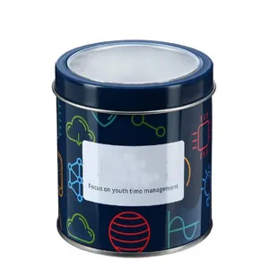 Cylindrical metal storage tin box with transparent lid and creative graphic design details.