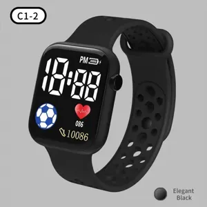 Black digital LED sports watch with square dial and hollow strap for students