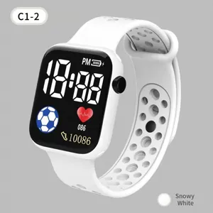 Detailed view of the digital LED sports watch with breathable strap and clear display screen.